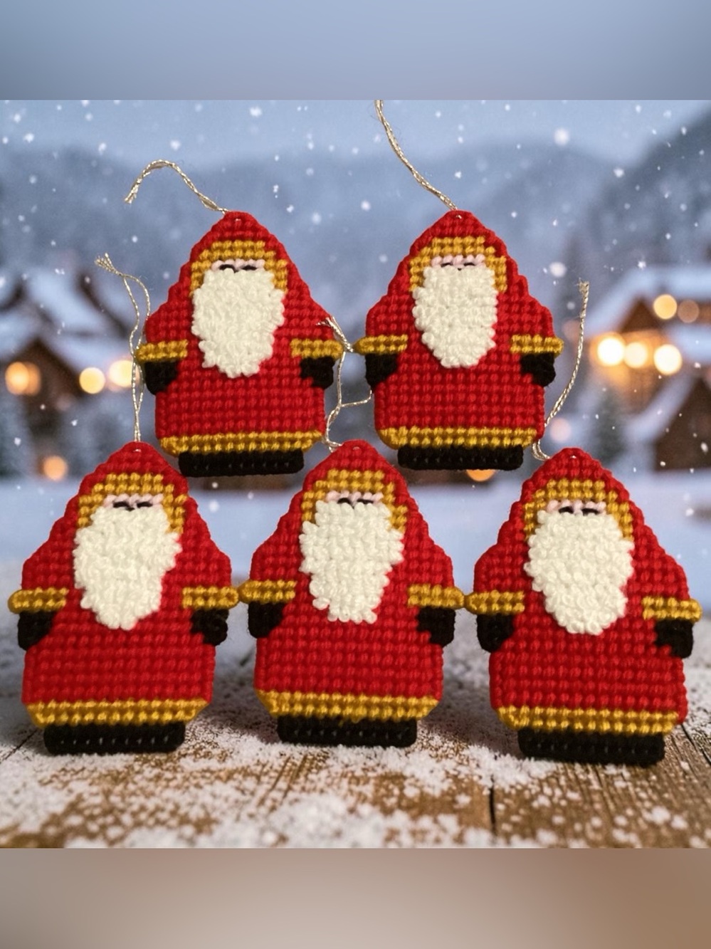 Vintage Needlepoint Ornaments Old World Father Christmas Set of 5